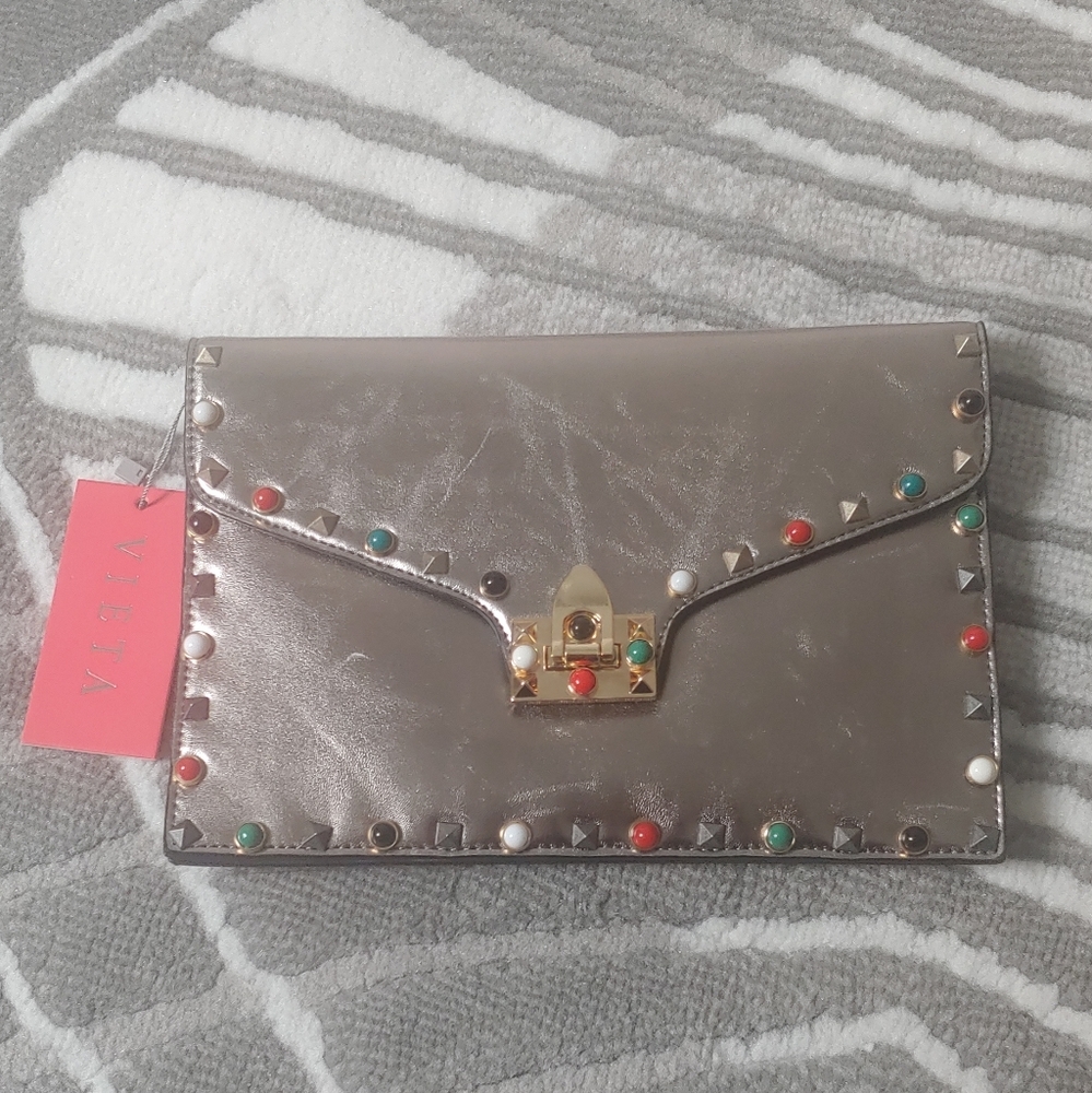 Vieta Metallic Jeweled Envelope Shoulder Bag